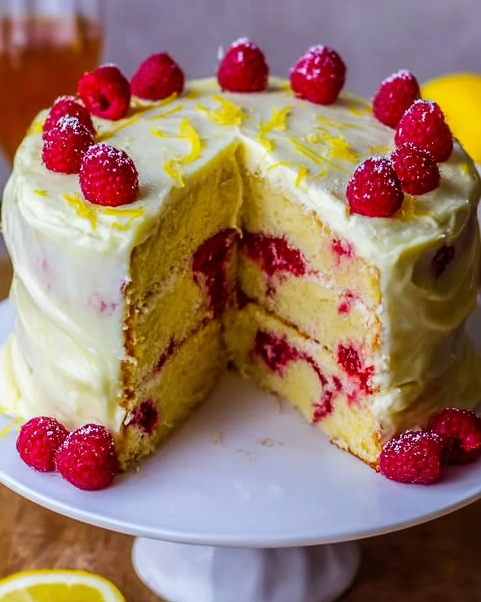 Limoncello Raspberry Layer Cake with vibrant raspberry filling and lemon zest frosting