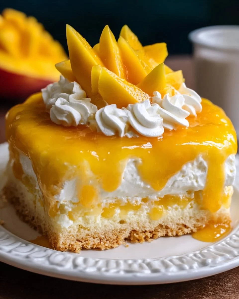 Mango Three Milks Cake topped with fresh mango slices and whipped cream.