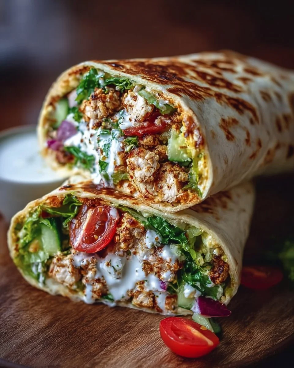 Mediterranean ground chicken wrap with hot honey feta cream on a plate