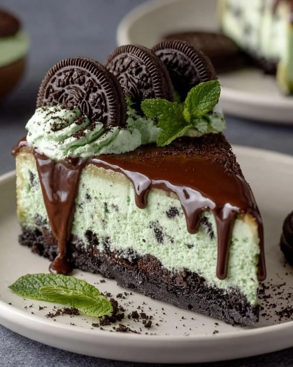 Slices of Mint Oreo Cheesecake Delight on a plate with mint leaves