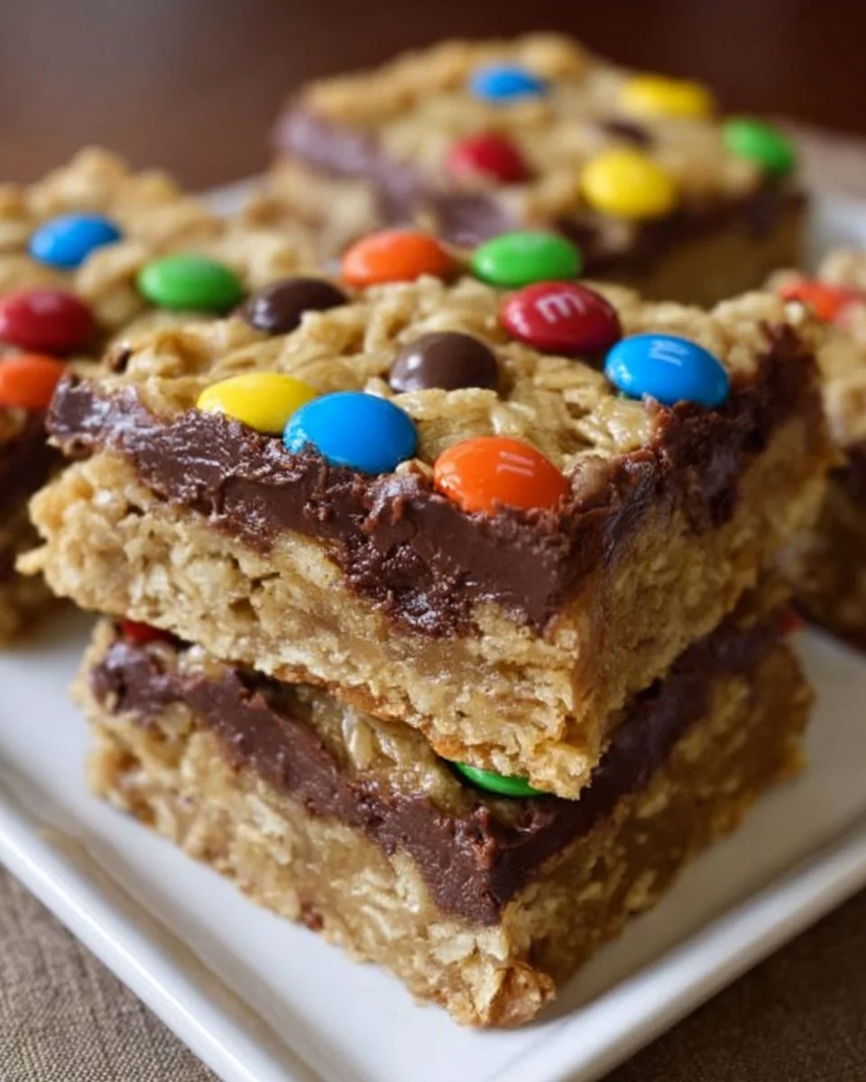 M&M Chocolate Fudge Oatmeal Bars with colorful candy toppings