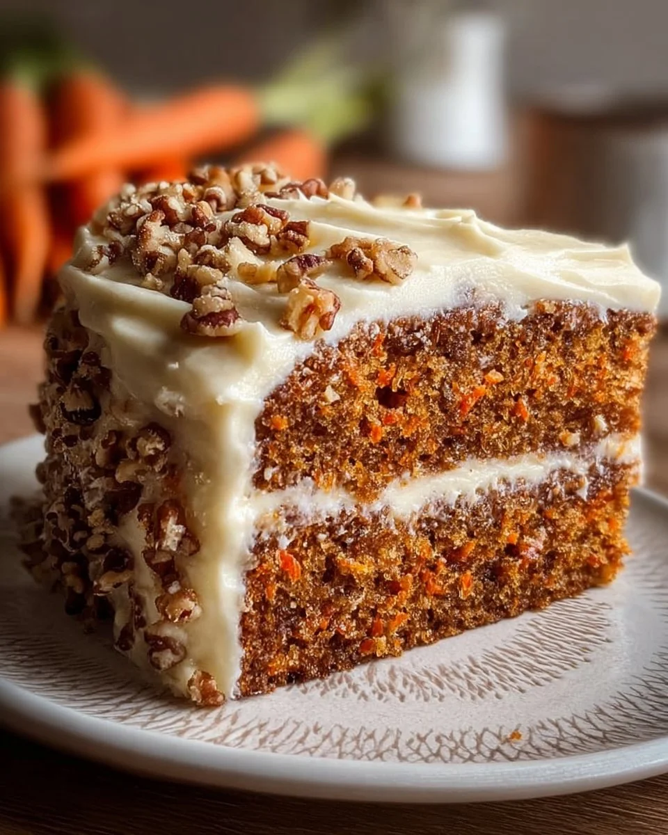 Moist homemade carrot cake with cream cheese frosting on a white plate