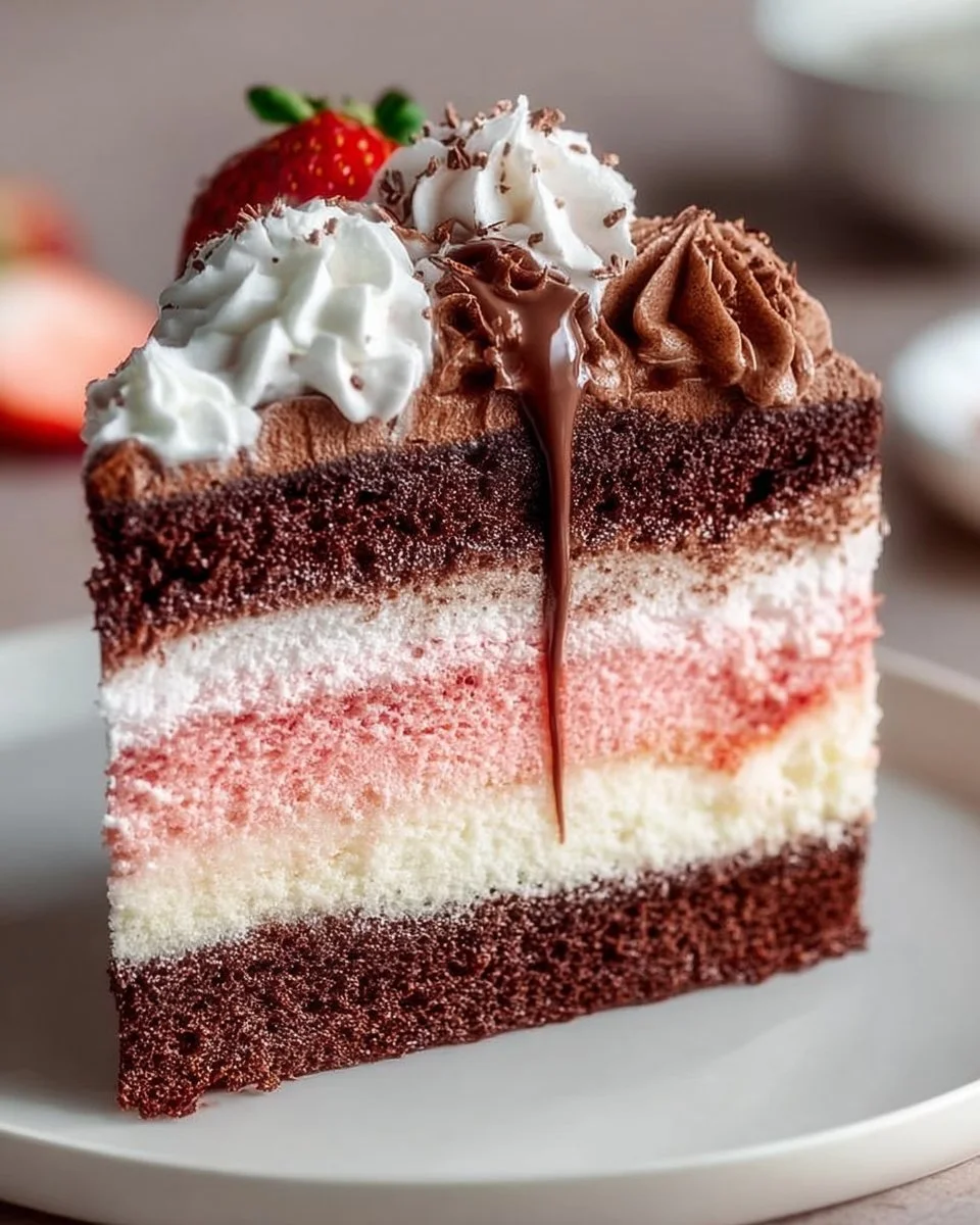 Slice of Neapolitan Cake showcasing chocolate, vanilla, and strawberry layers