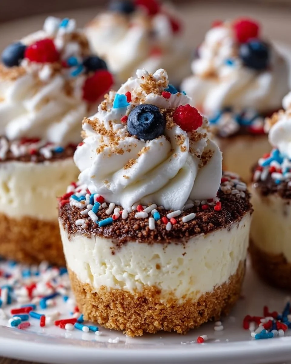 No-Bake Firecracker Cheesecake Bites topped with colorful sprinkles.