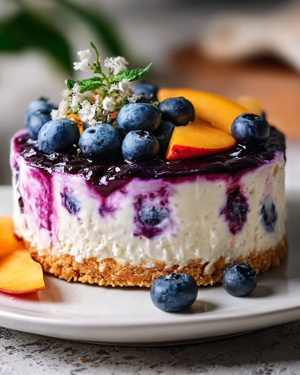No-Bake Peach Blueberry Cheesecake with fresh peaches and blueberries