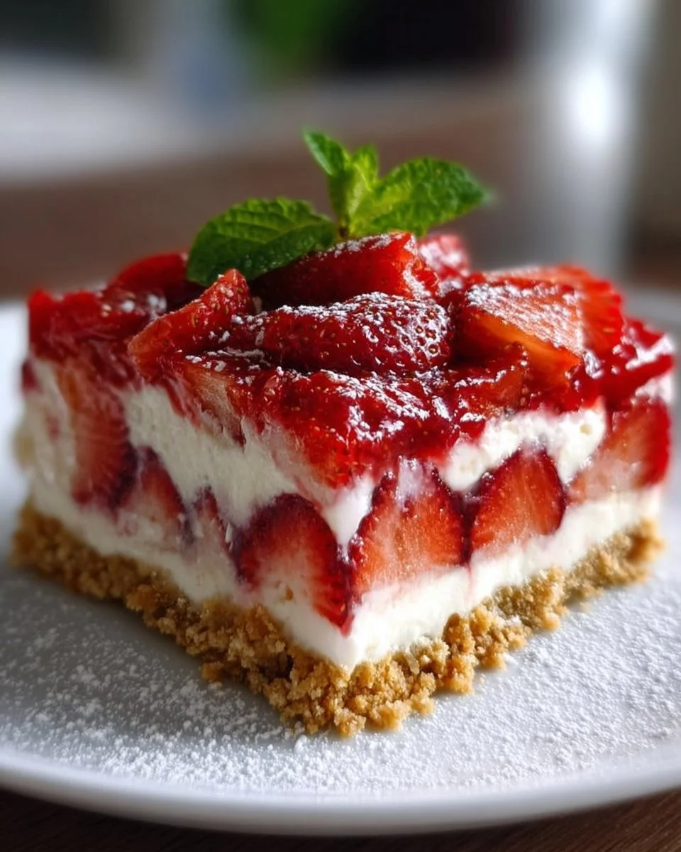 No Bake Strawberry Cream Cheese Dessert topped with fresh strawberries
