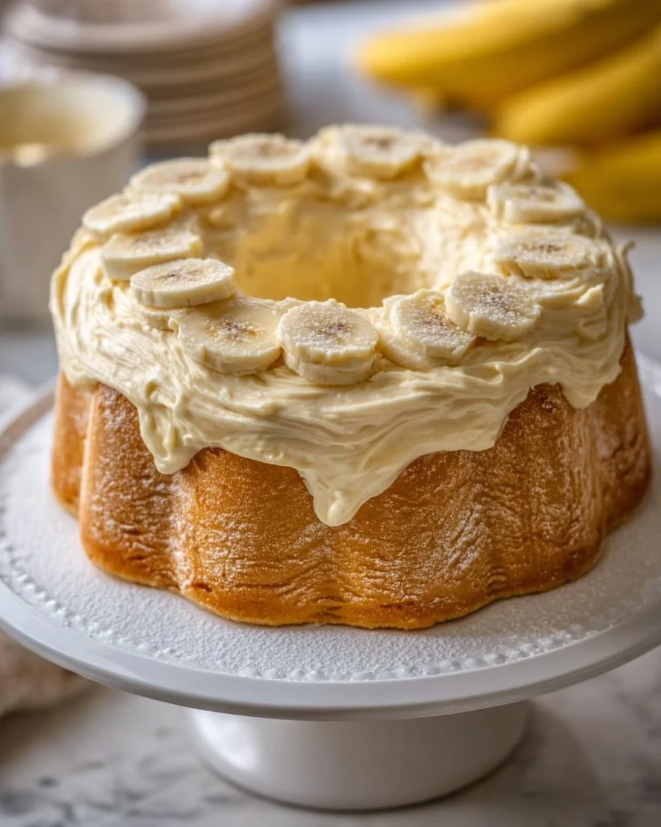 Old-Fashioned Banana Pudding Pound Cake served on a wooden table