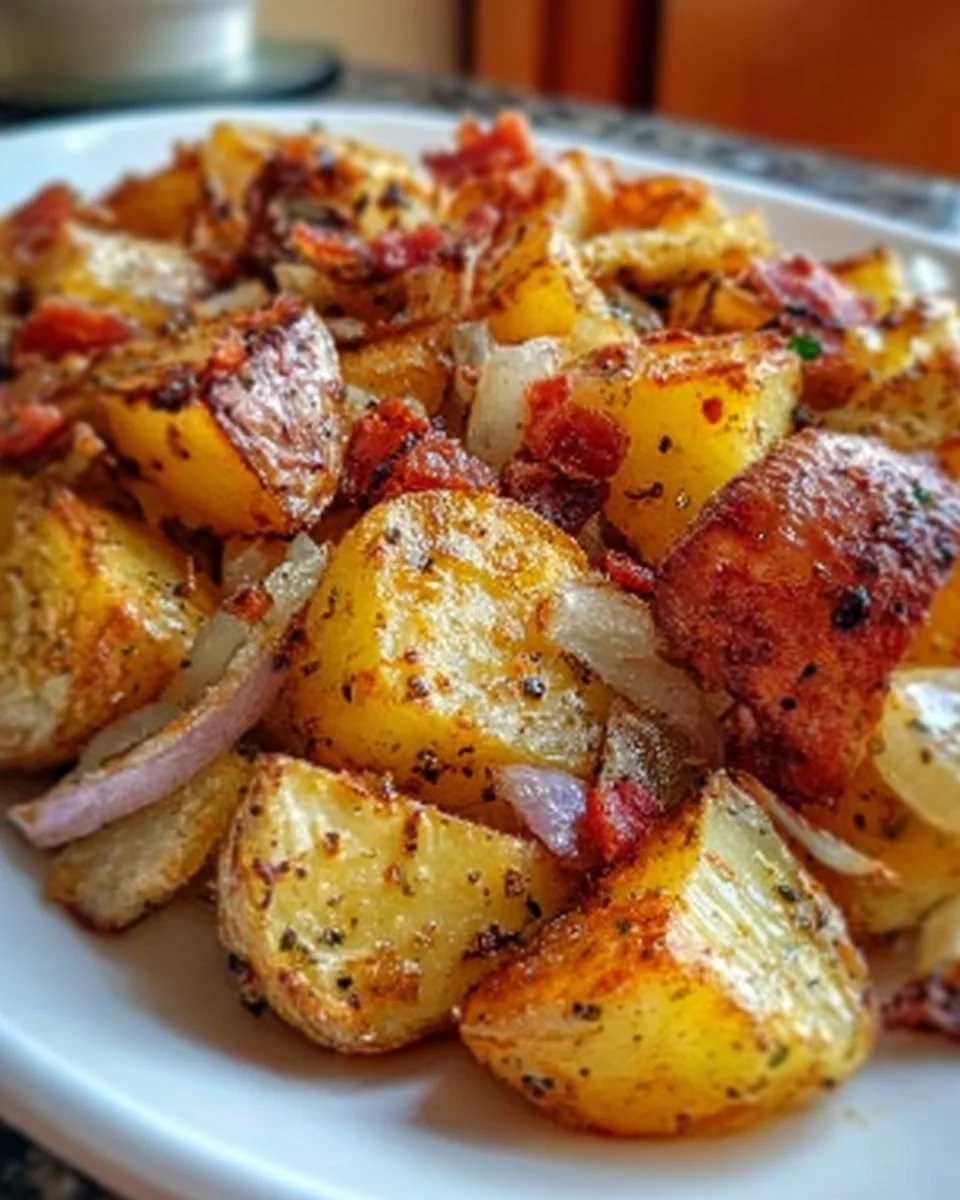 Delicious oven fried potatoes and onions served in a bowl