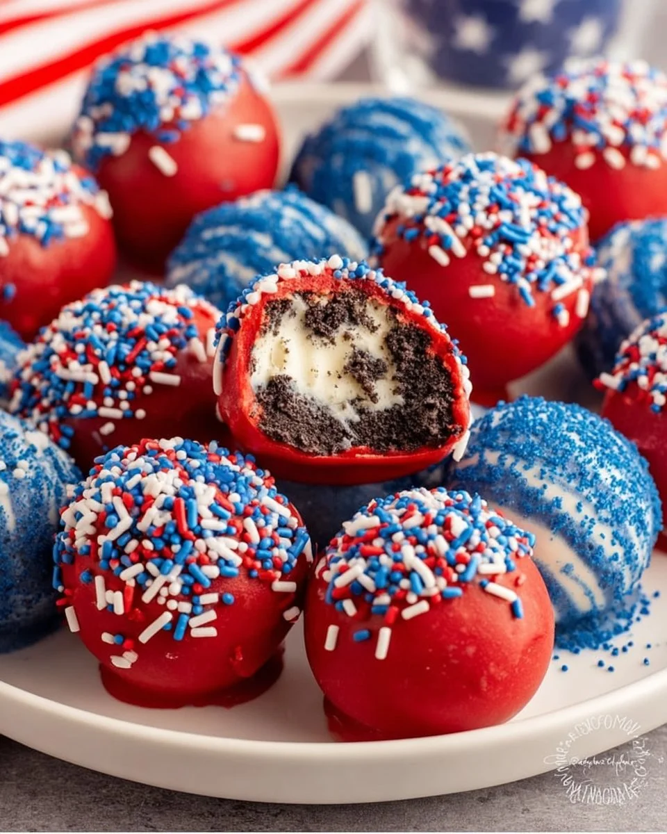 Patriotic Oreo Balls decorated in red, white, and blue for festive occasions