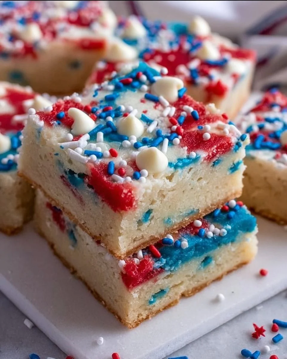 Delicious patriotic sugar cookie bars decorated with red, white, and blue frosting.