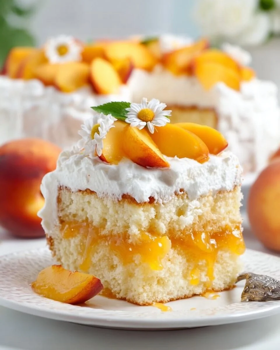 Delicious Peaches and Cream Cake topped with fresh peaches and whipped cream.
