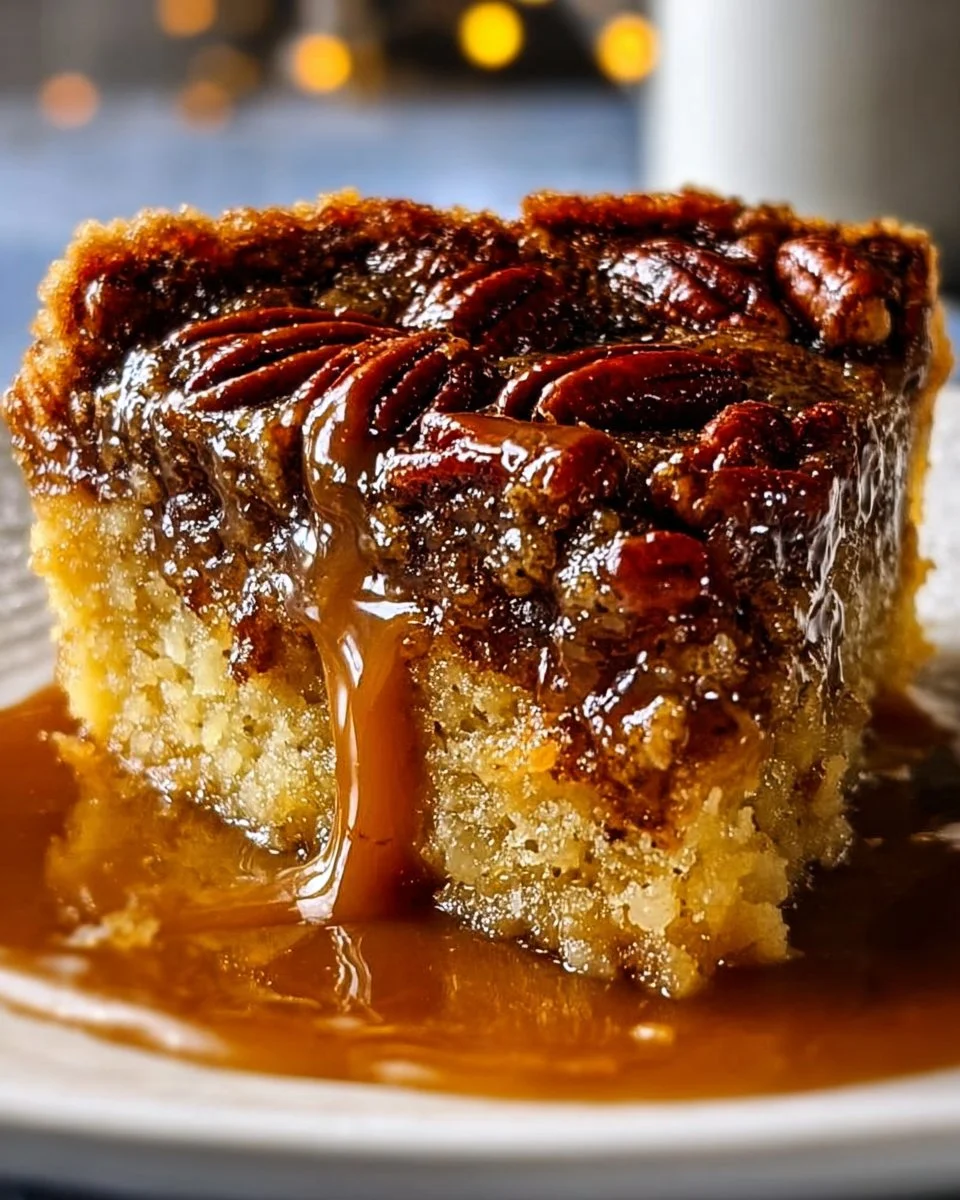 Delicious pecan caramel dump cake topped with caramel and pecans