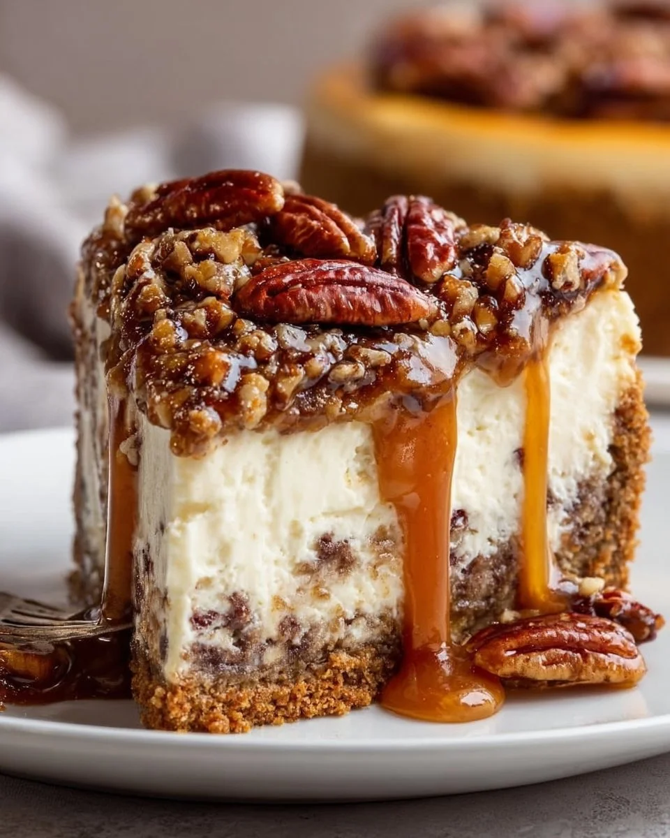 Delicious pecan pie cheesecake topped with crunchy pecans and caramel drizzle
