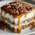 Delicious pecan pie lasagna sliced and served on a plate.