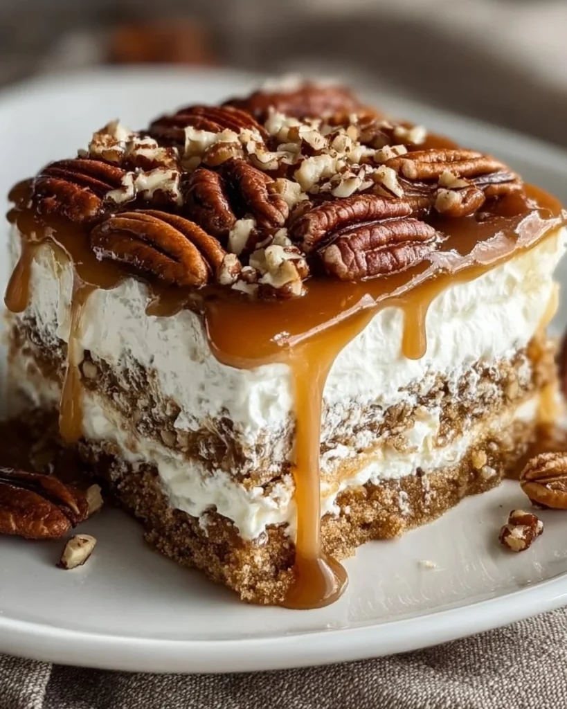 Delicious pecan pie lasagna sliced and served on a plate.