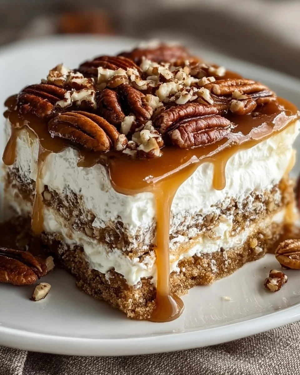 Delicious pecan pie lasagna sliced and served on a plate.