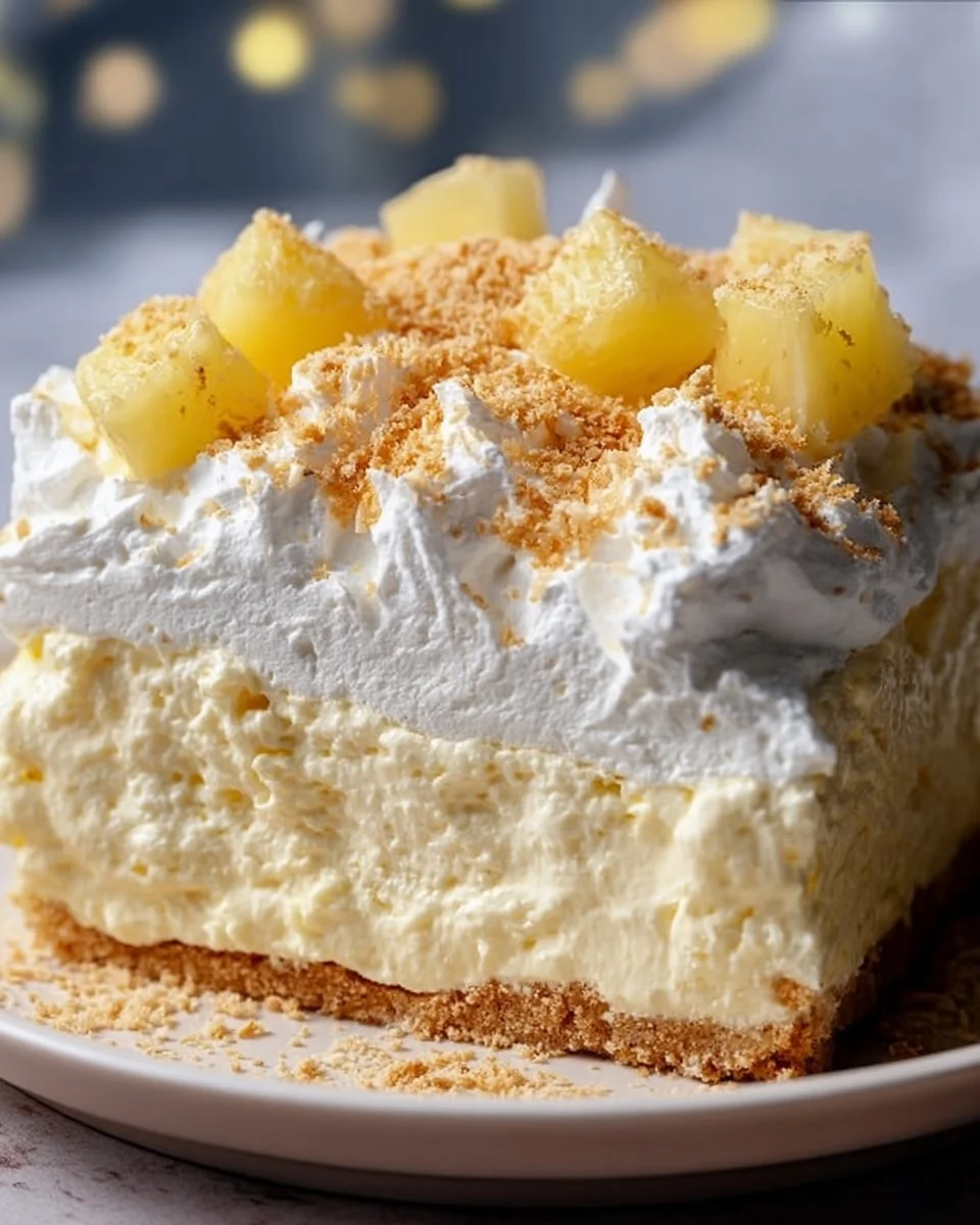 Delicious Pineapple Cheesecake Fluff dessert in a glass dish.