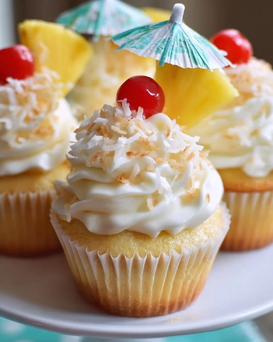 Delicious Pineapple Colada Cupcakes topped with creamy frosting and pineapple slices