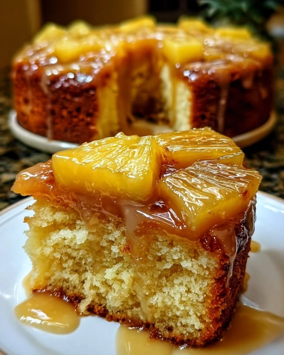 Deliciously moist pineapple glazed cake topped with pineapple slices