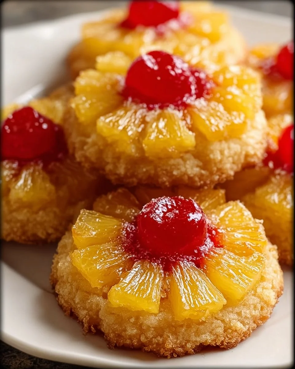 Pineapple Upside-Down Cookies on a plate with a tropical fruit background.