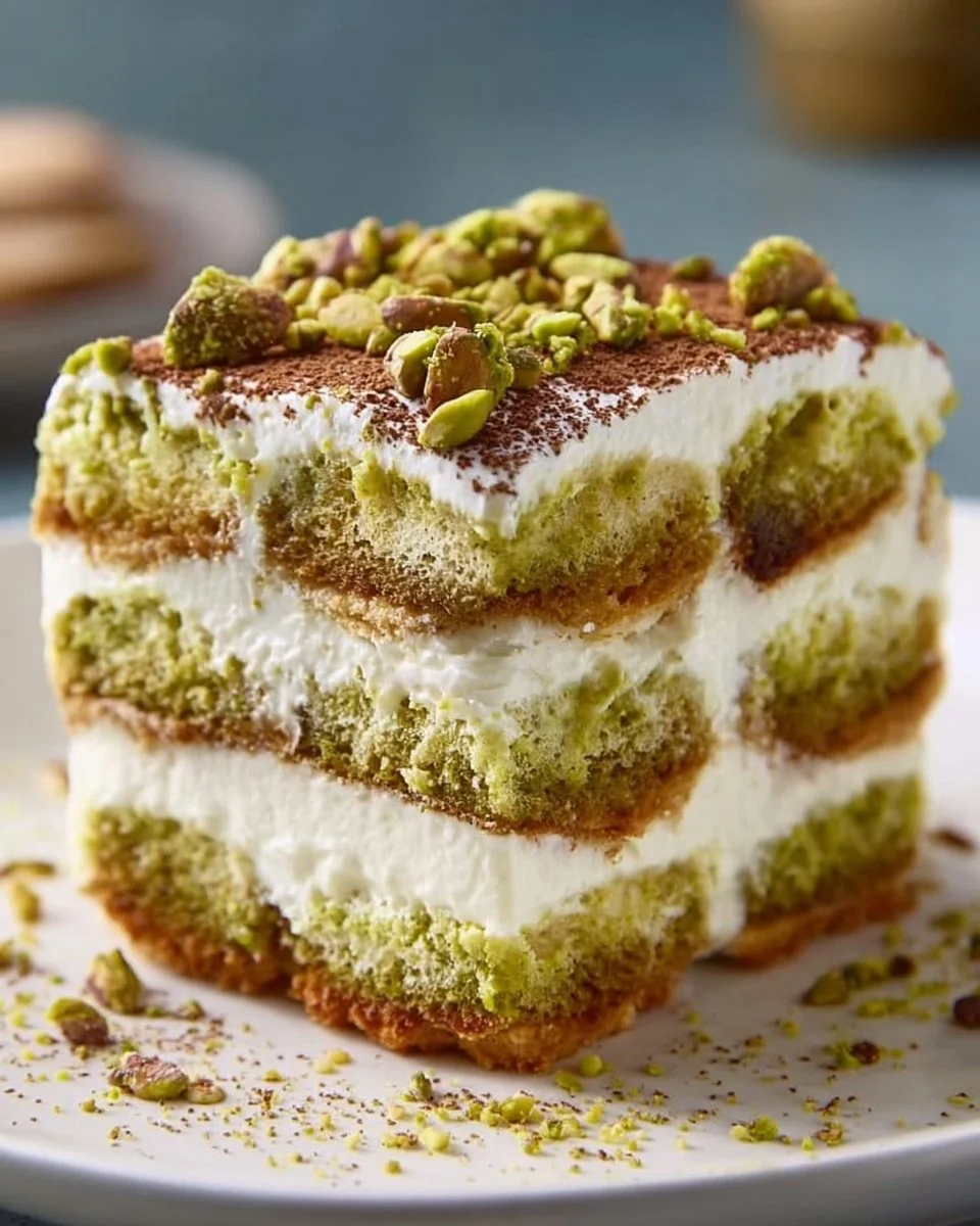 Delicious pistachio tiramisu dessert with creamy layers and crushed pistachios