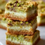 Delicious Pistachio Cookie Bars on a white plate topped with crushed pistachios