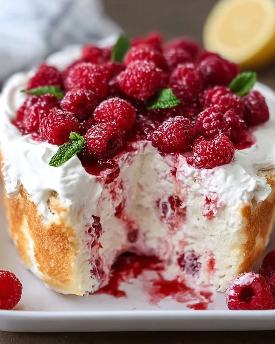 Delicious Raspberry Cream Angel Food Cake garnished with fresh raspberries.