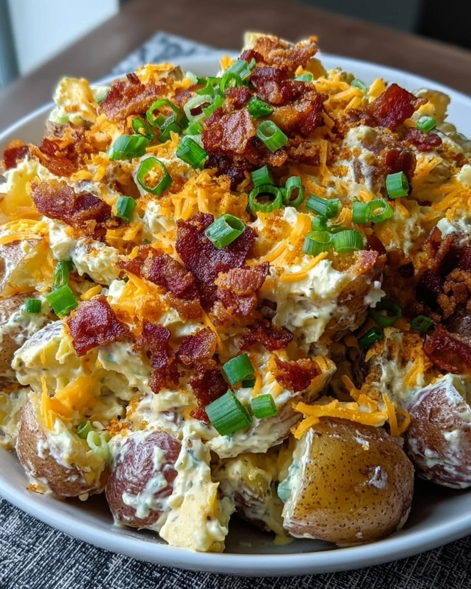Savory loaded baked potato salad with crispy bacon and cheddar cheese