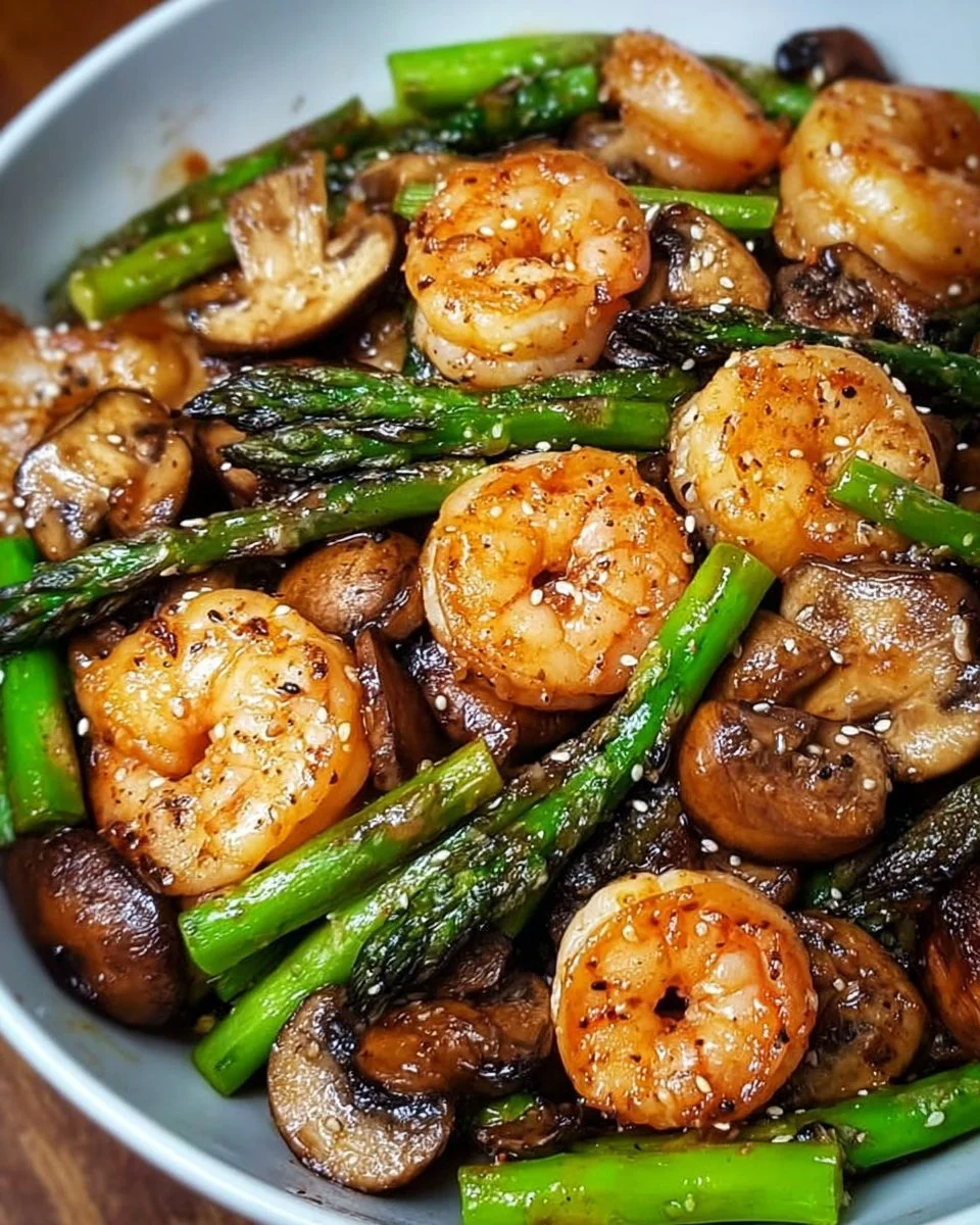 Shrimp stir-fry with asparagus and mushrooms in a colorful dish