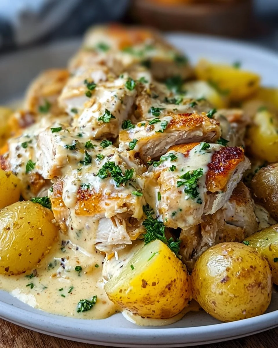 Slow Cooker Cheesy Ranch Chicken with Potatoes served on a plate
