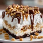 Delicious Snickers Ice Cream Cake topped with chocolate and caramel sauce.