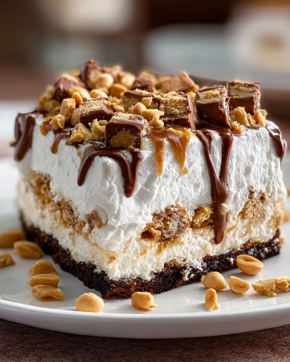 Delicious Snickers Ice Cream Cake topped with chocolate and caramel sauce.