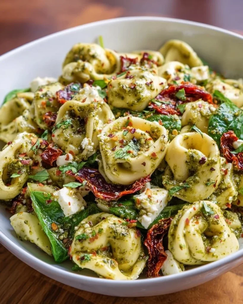 Delicious Spinach Pesto Tortellini Salad with cherry tomatoes and pine nuts