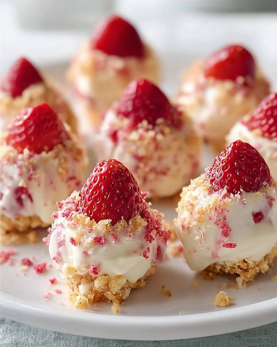Strawberry Cheesecake Crunch Bites with fresh strawberries and sour cream topping.