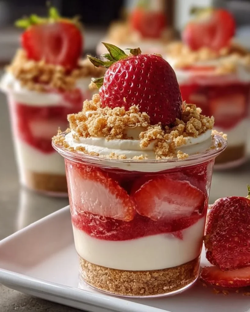 Strawberry cheesecake parfait with layers of creamy cheesecake and fresh strawberries