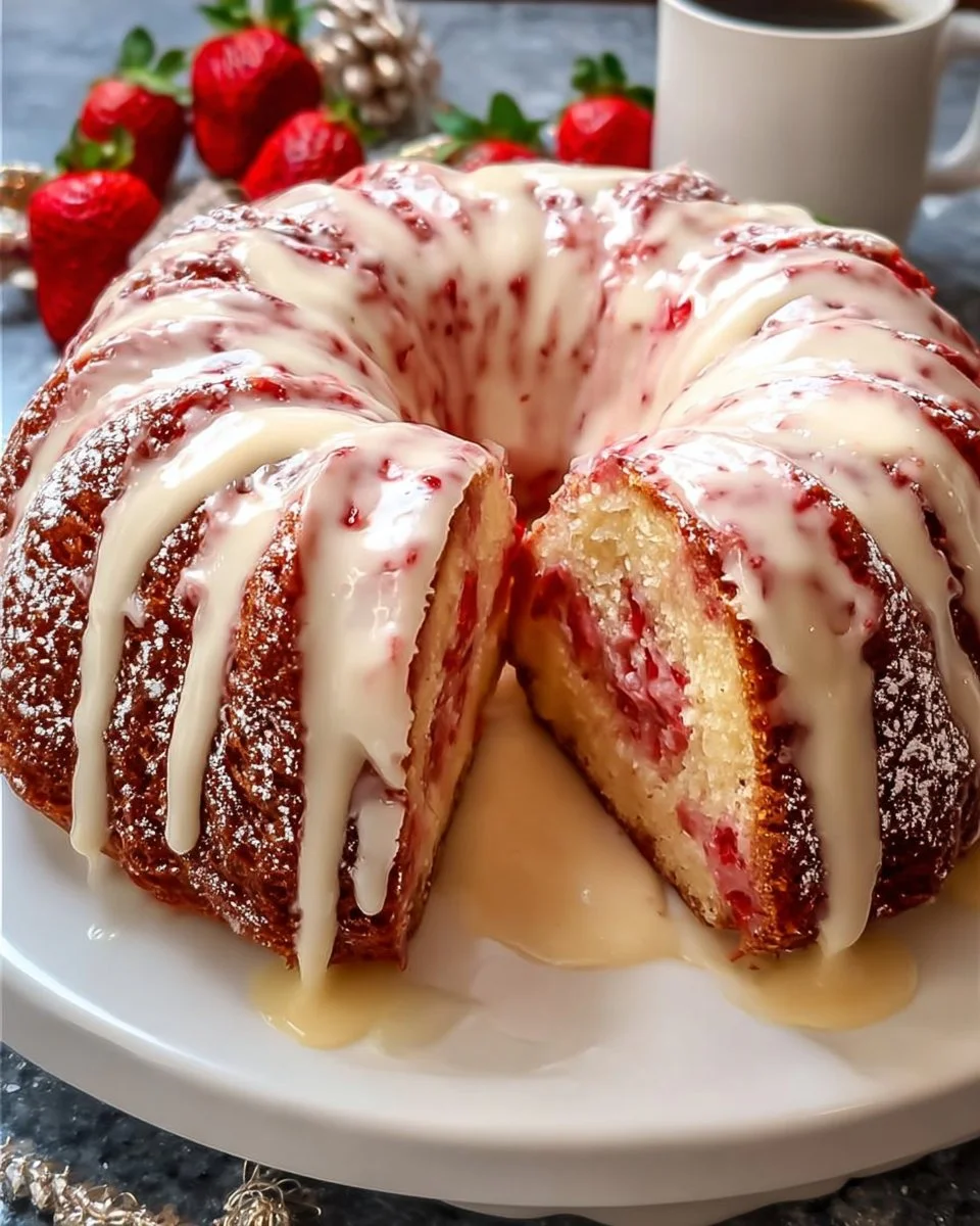 Slice of strawberry cream cheese pound cake on a plate with fresh strawberries