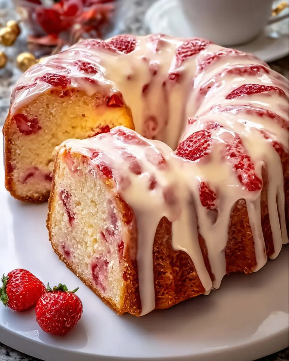 Slice of strawberry cream cheese pound cake with strawberries on top