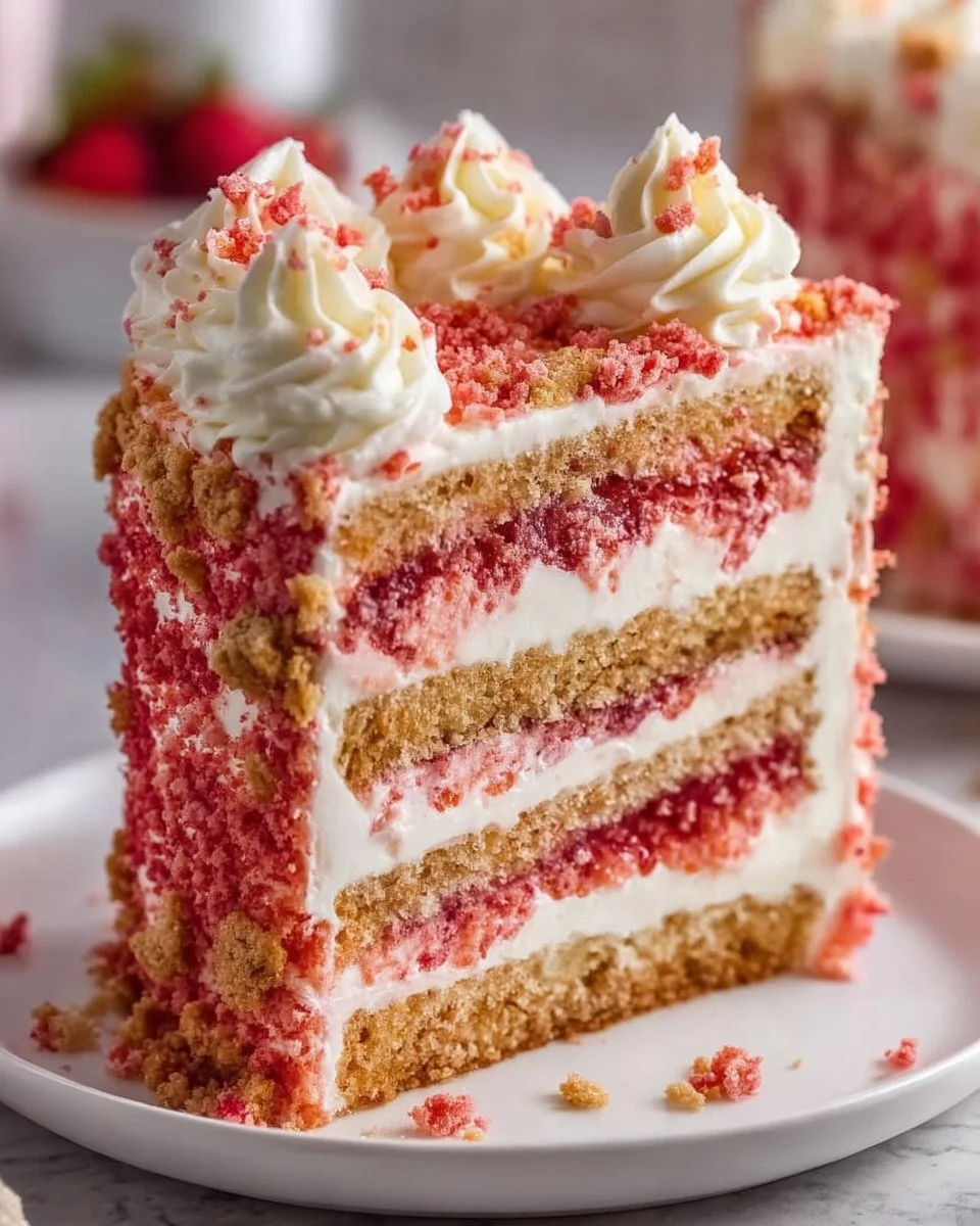 Delicious homemade strawberry crunch cake with layers of strawberries and crunchy topping.