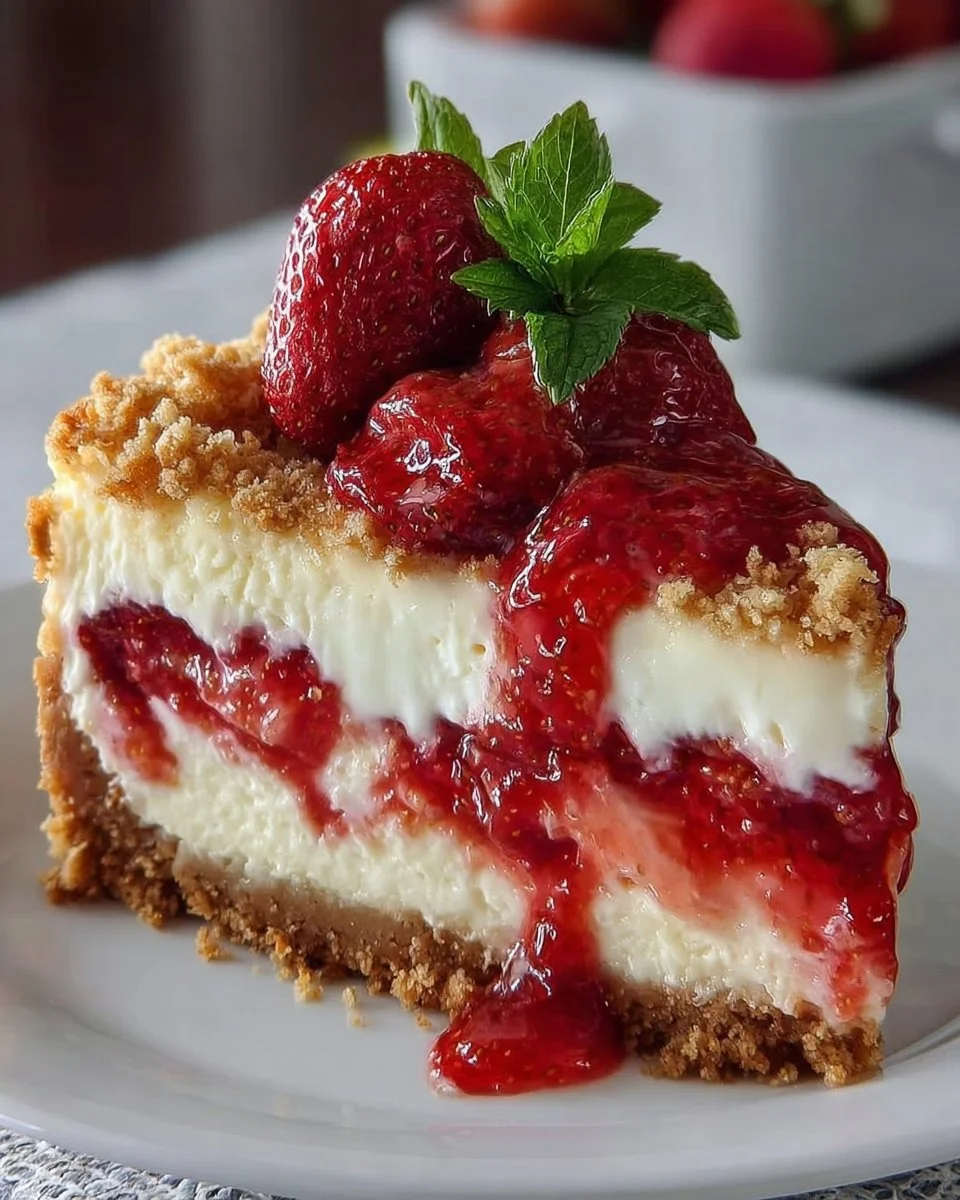 Strawberry Crunch Cheese Cake topped with fresh strawberries and crunchy topping