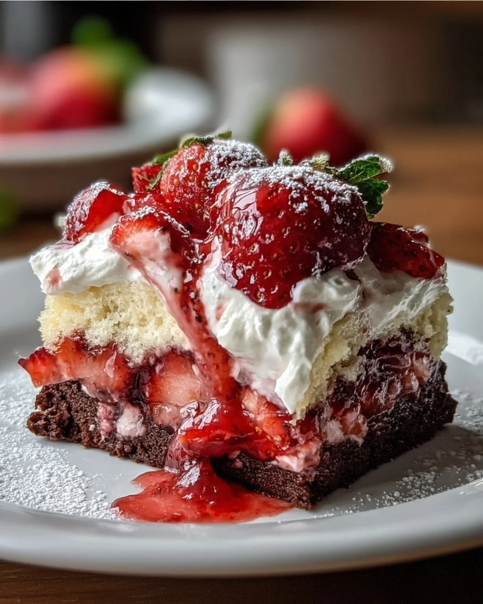 Delicious strawberry earthquake cake topped with cream and fresh strawberries.