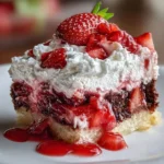 Slice of Strawberry Earthquake Cake with chocolate and strawberries