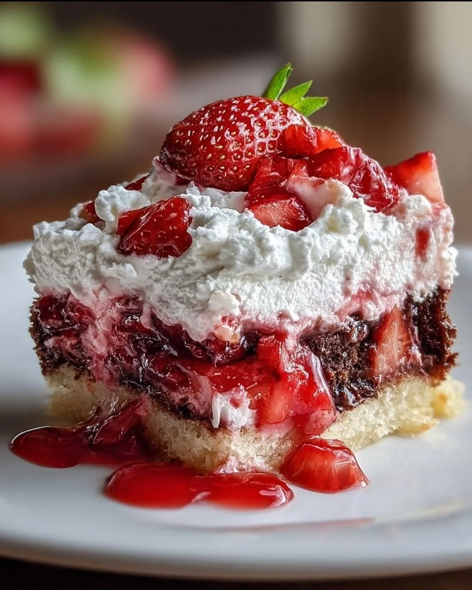 Slice of Strawberry Earthquake Cake with chocolate and strawberries