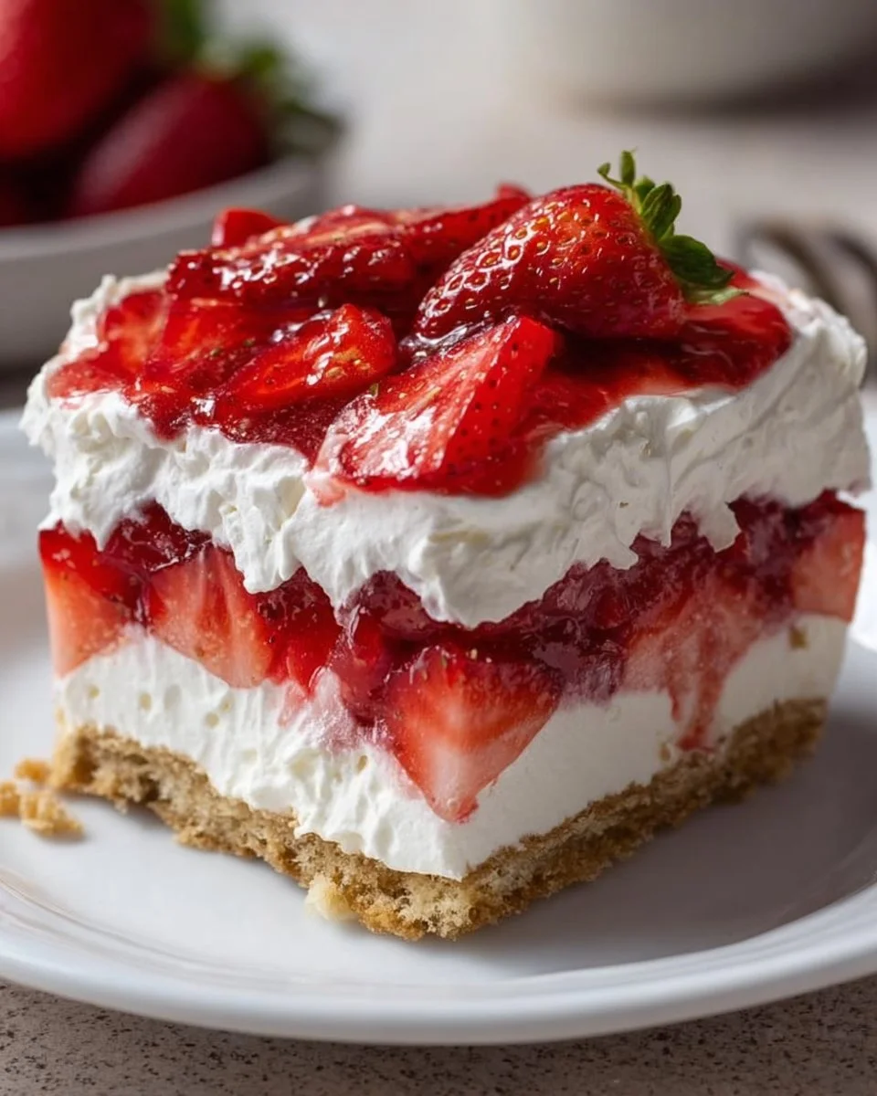 Delicious strawberry lasagna dessert with layers of fresh strawberries and cream