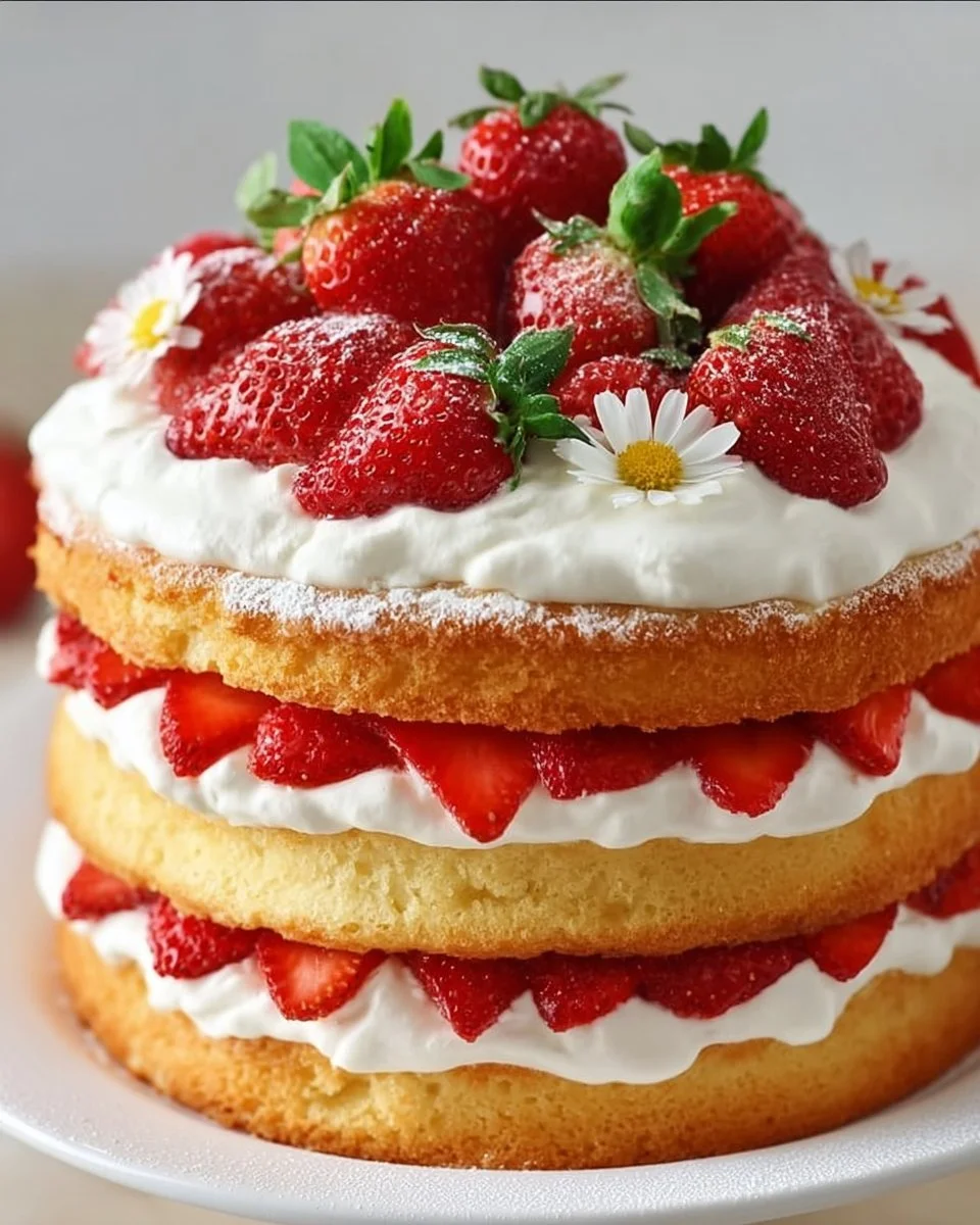 Delicious strawberry shortcake cake topped with fresh strawberries and cream