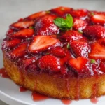 Strawberry upside down cake with fresh strawberries and caramel topping