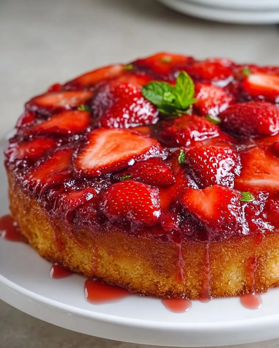 Strawberry upside down cake with fresh strawberries and caramel topping