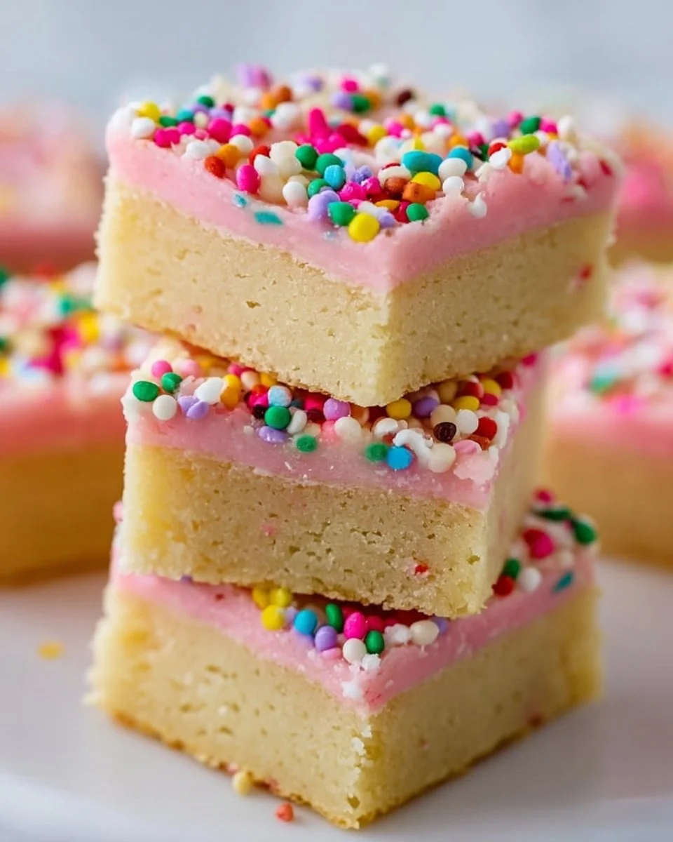 Delicious homemade sugar cookie bars topped with colorful sprinkles.