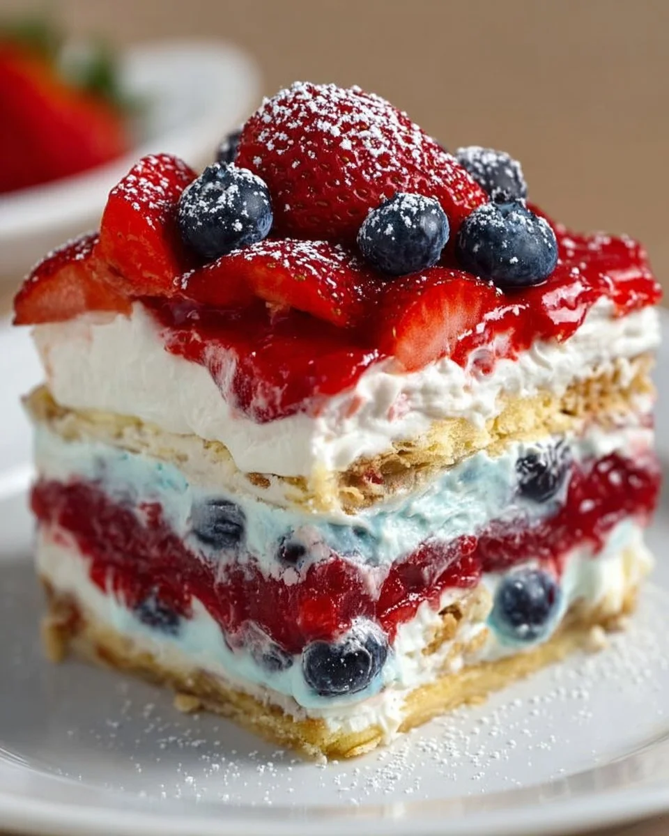 Delicious summer berry dessert lasagna with fresh fruits and creamy layers.