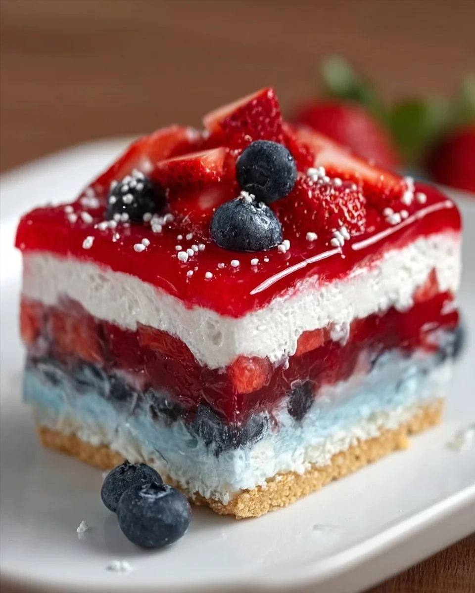 Colorful Summer Berry Jello Lasagna dessert with fresh berries and creamy layers