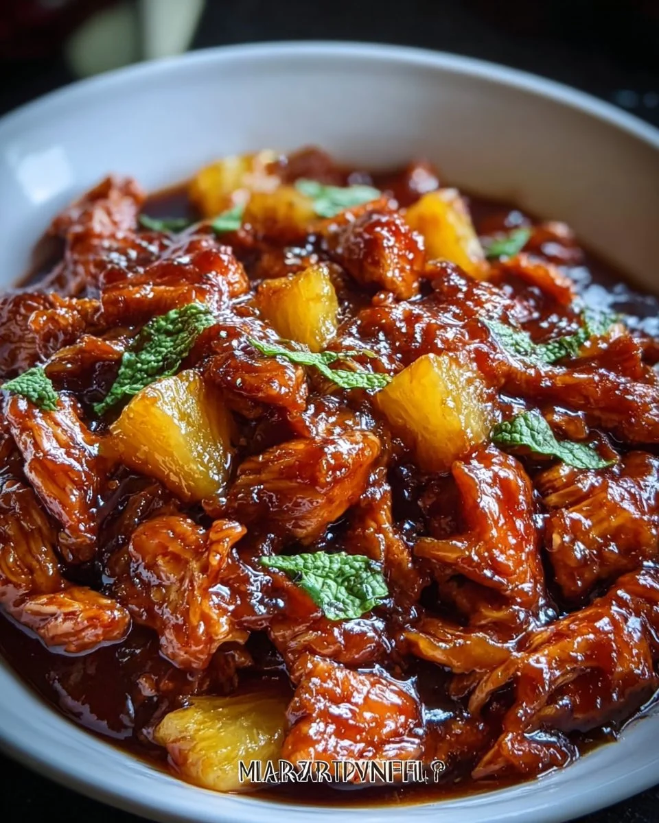 Sweet Hawaiian Crockpot Chicken served in a bowl